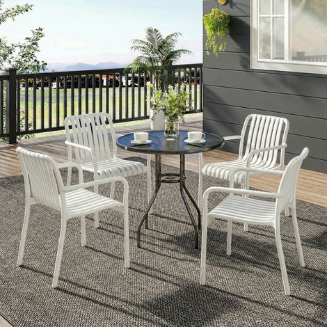 Juego de 4 Sillas de Jardín Exterior Apilables de PP con Respaldo Curvado Asiento de Listones 55x58,5x81,5 cm Blanco (1/5)