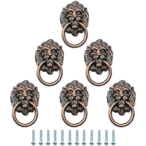 Set aus 6 antiken, bronzenen, löwenförmigen Schubladengriffen, mit 6 Schrauben, Vintage-Stil, mit Schubladenring.