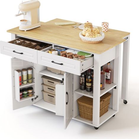 Îlot de cuisine - Mobile extensible - Plan de travail extensible - Prises intégrées (2x220V, 2 USB) - 2 tiroirs, 2 portes