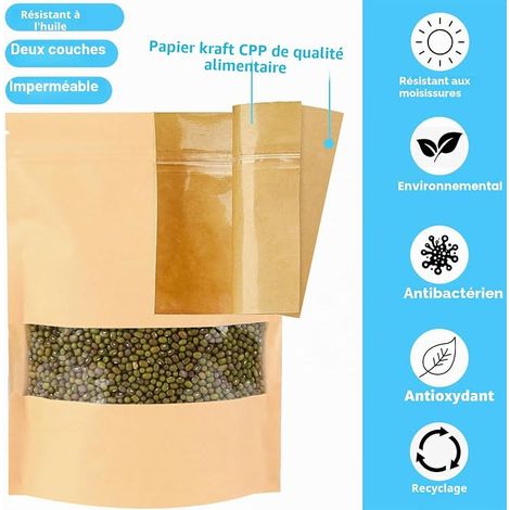 Sachet Kraft Alimentaire Avec Fenetre Sachet Zip 20x30 cm Pour Les Graines et Les Noix (1/4)