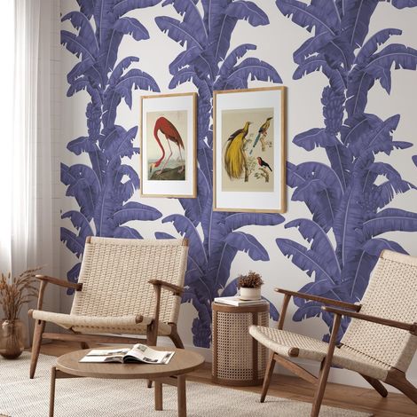 Papel tapiz floral para dormitorio y sala de estar Palmeras Blancas y Azules