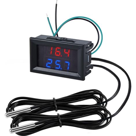 Thermomètre Numérique à Double Affichage LED Température Testeur avec 2 Sondes Étanche DC 4-28V Mini Testeur pour Réfrigérateur Aquarium, mit Fil de 2M, Rouge (1/5)