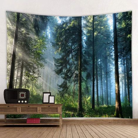 Tapisserie murale Forêt - Décoration intérieure - Tapisserie paysage - Tapisserie décorative pour salon et chambre - Tapisserie magique - Rideau (Forêt du matin, 90,5''L×70,8''l) (1/5)