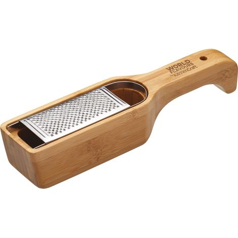KitchenCraft: World of Flavours - Grattugia per parmigiano con contenitore e manico, bambù/acciaio inossidabile, 27,5 x 6 x 5 cm