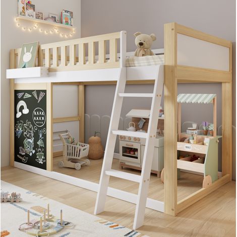Cama infantil alta con pizarra y almacenaje blanca OKMYHOME (1/5)
