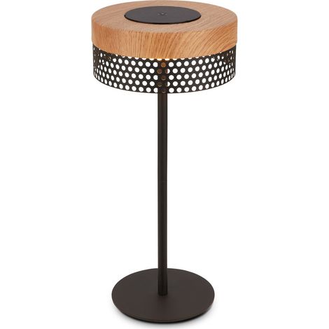 Briloner Booha LED Tischlampe kabellos IP44, Dimmbar, Touch, Akku, Spritzwasserschutz, Schwarz-Holz, Ø16 x 35 cm