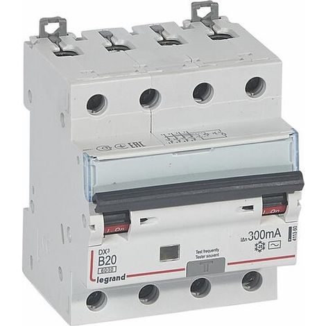 Disjoncteur différentiel monobloc DX³6000 10kA arrivée haute départ bas à vis 4P 400V - 20A - typeAC 300mA - courbe B - LEGRAND