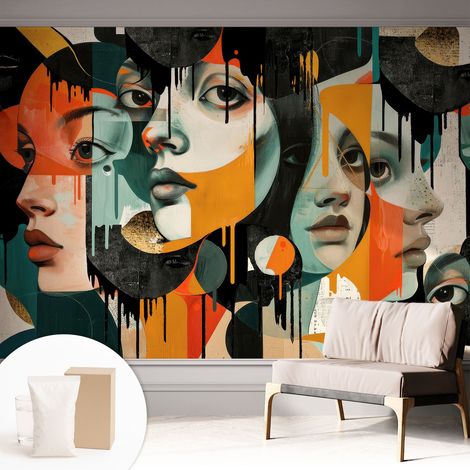 Papier peint intissé avec imprimé installation simple qualité excellente sans désordre - Colle incluse gratuite Visages colorés 312x219 cm (1/5)