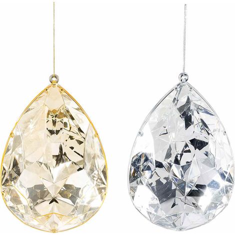 Ornements de Noël diamant goutte en plastique coloré à fond miroir réfléchissant, à suspendre, lot de 4, 12,5 x 7,5 x H. 19 cm