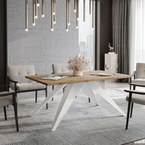 Table à Manger Extensible XANDRO - 6-8 personnes - Style Industriel - 160x90x76 cm - Blanc/chêne artisanal (1/5)
