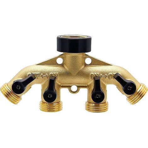 Distribuidor de manguera de latón de 4 vías, conector adaptador de manguera de jardín de 3/4 pulgadas, adaptador de grifo para manguera con 4 válvulas (1/5)