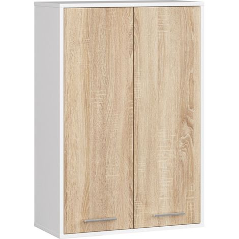 Armoire salle de bains suspendue AKORD FIN Blanche 64 cm 2 portes pleine Chêne Sonoma 4 étagères 64x30x94 cm (1/5)