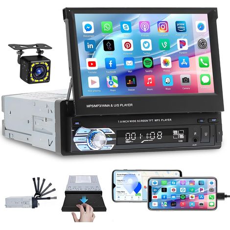 Autoradio 1 Din avec Écran Rétractable HD 7 Pouces Poste Radio 1din avec Bluetooth Mains Libres USB FM Lien Miroir AUX Caméra de Recul  Kit mains libres, USB FM Mirror Link AUX, caméra de recul, stéré (1/5)