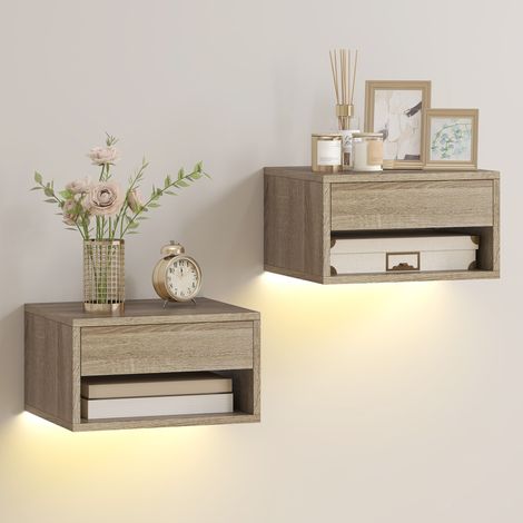 HOMCOM juego de 2 mesitas de noche flotantes con luces LED RGB control de APP, cajón, estante abierto, 37x32x21 cm, natural (1/5)