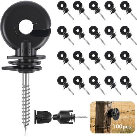 Isolateurs de Clôture Électrique à Visser Isolateur Clôture Anneau pour Poteau en Bois Fils Rubans avec Mandrin de Vissage Lot de 100