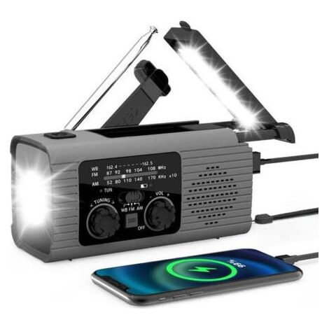 Radio d'urgence à manivelle avec batterie externe de 4000 mAh (chargeur de téléphone), rechargeable par USB et énergie solaire — Radio météo portable avec alarme SOS et lampe torche LED pour situation (1/5)