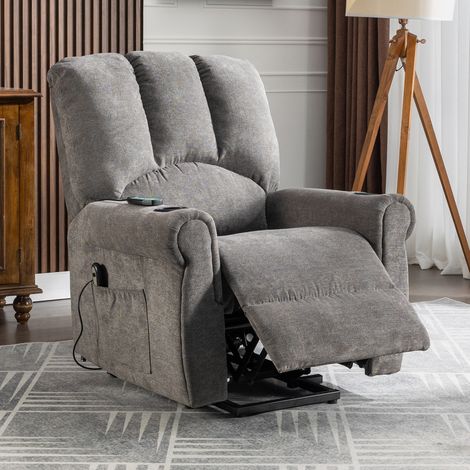 Electric Lift Grey Senior Chair - Single Motor, Heated Massage, Stand Assist, Storage Pockets, Cup Holders, Grey (1/5)