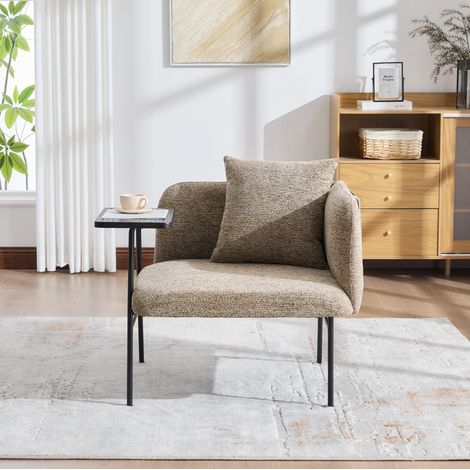 Sillón auxiliar con mesa lateral, asiento acolchado, bolsillos laterales, chenilla, caqui (1/5)