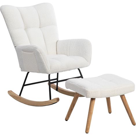 Chaise basculante avec tabouret en bois de caoutchouc robuste, tissu teddy peluche, blanc (1/5)