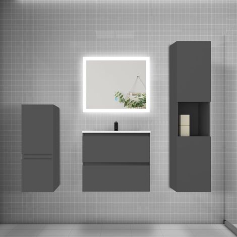 Ensemble meuble de salle de bain 60cm, vasque + colonne + LED miroir rectangulaire,anthracite (1/5)