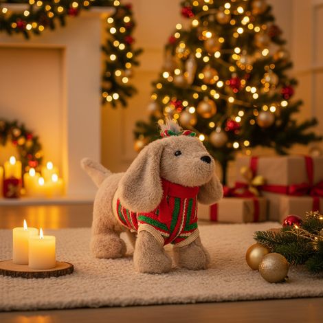 Cane peluche, morbido e confortevole, con abbigliamento natalizio per decorazioni -Cagnolino / h 24 cm (1/5)