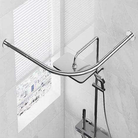 Tringle De Rideau De Douche en Forme De L, Barre De Douche Angle INOX Extensible sans Percage, pour Salle De Bain,Douche,Baignoire,vestiaire(Size:B 70-95cm x 90-130cm,Color:Argent) (1/5)