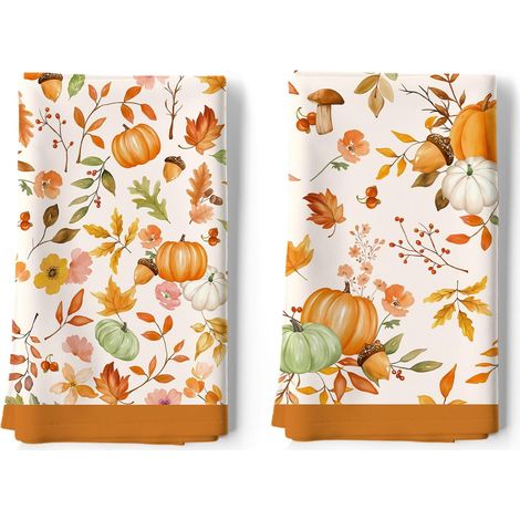 Torchons de Cuisine Lot de 2, Citrouilles d'automne Essuie Main Absorbante 100% Coton Torchon Vaisselle Saisonnier Cadeaux pour Crémaillère et Cuisine Décoratif 48 cm x 70 cm (1/5)