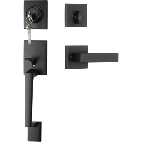 Black Front Door Handle and Deadbolt Set, Entry Door Handle and Deadbolt with Reversible Handle Lever,Front Door Lock Set, Exterior Door Handles and Locks (1/5)