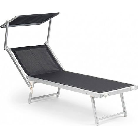Lettino Prendisole Pieghevole Alluminio Textilene Con Tettuccio Parasole Orientabile Mare Spiaggia Piscina 182 x 60 x 38 Cm Nero