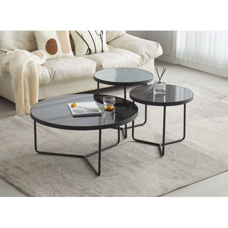 Deco In Paris – Lot de 3 tables basses rondes en verre trempé – Pieds en métal noir – Diamètre 80/50 cm – Hauteur 40/50/45 cm – Design moderne et élégant (1/3)