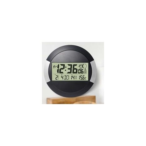 Horloge murale (Pendule sans Tic Tac, sans fil, avec des piles, Format 24h, Calendrier, Jour, Thermomètre , pause murale ou bureau) Plastique, Noir (1/4)