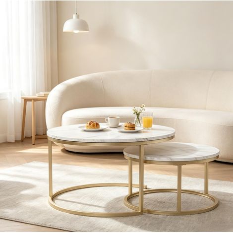 Tables basses gigognes rondes 80x80x45 cm MDF et acier blanches, gain de place – MEUBLIV (1/5)