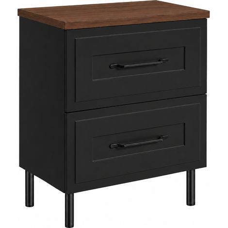 Meuble sous-vasque sur pieds 60 cm, 2 tiroirs, avec plan de travail, Noir / Plan Chêne noyer, poignées noires, pieds noirs, 60 x 46 x 73,6 cm (1/5)