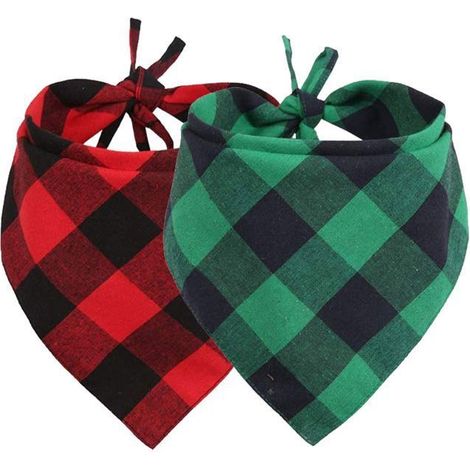 Bavoirs triangulaires classiques à carreaux Buffalo pour animaux de compagnie, foulards pour chiens à carreaux rouges et verts Label (1/5)