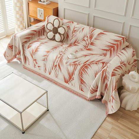 Couverture de canapé à motif floral, plaid multifonctionnel en chenille, grande taille avec pompons, utilisable comme couvre-lit ou jeté de canapé réversible, 180 x 230 cm - Orange (1/5)