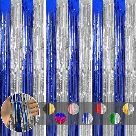 3 pièces Rideau Métallique Frange Bleu Argenté, 1mx2m Scintillants Foil Rideau Shimmer Décoration Foil Bleu Argenté RIDEAU (1/5)