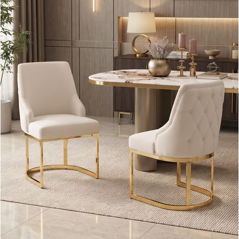 Lot de 4 chaises de salle à manger en velours beige avec pieds galvanisés dorés (1/5)