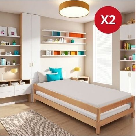 Le Quai Des Affaires – Lit empilable 90x200 cm – Lot de 2 lits en hêtre massif – 2 sommiers inclus – Longueur 204.5 cm – Largeur 94.5 cm – Hauteur 43.5 cm (1/5)