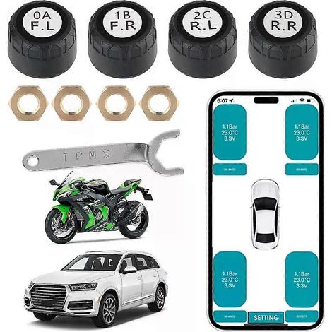 Smartphone-Display-fähiges Reifendruckkontrollsystem (TPMS) mit 2/4 externen Alarm-Reifendrucksensoren für Auto und Motorrad – Bluetooth-App (1/4)