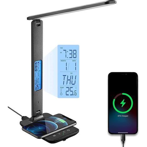 Lampe de bureau de charge sans fil 10w pliante avec port de charge USB, lampe de bureau avec horloge, réveil, date, température, lampe de bureau noire (1/5)