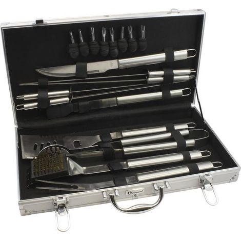 Leopold Vienna LV01070 Grillkoffer Barbecue Case 18 Pezzi in Acciaio Inox con Forchetta Coltello Pinze Spatola Pennello e Skewers colore Nero (1/3)
