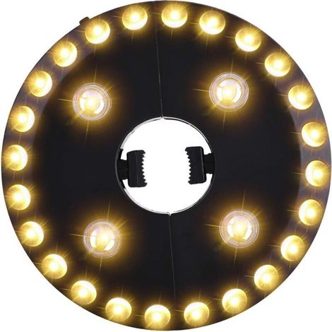Lampe de parasol blanc chaud, 3 modes de luminosité, 28 LED de 200 lumens, alimentée par 4 piles AA, idéale pour parasol et tente de camping.