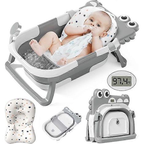 Baignoire pour bébé Baignoire pliable pour nouveau-né (0-24 mois) avec coussin moelleux et thermomètre Baignoire de voyage portable pour nouveau-né sans… (1/5)