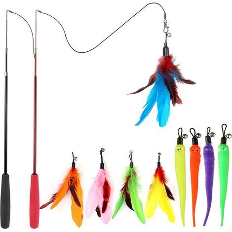 Jouet à plumes pour chats, canne à pêche interactive rétractable avec 9 recharges et deux hameçons de rechange pour chats et chatons d'intérieur. (1/4)