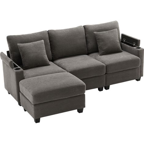 CAIziCanapé d’angle en L, canapé 3 places convertible avec pouf, porte-gobelet, chargeur USB, tablette d’accoudoir et 2 coussins, adapté au salon/bureau/appartement, gris foncé