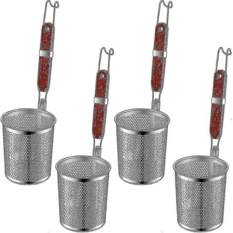 Ensemble de 4 paniers à pâtes en acier inoxydable avec poignée en bois, passoire à pâtes en maille araignée, écumoire, passoire à raviolis et nouilles, blanchisseur (1/5)