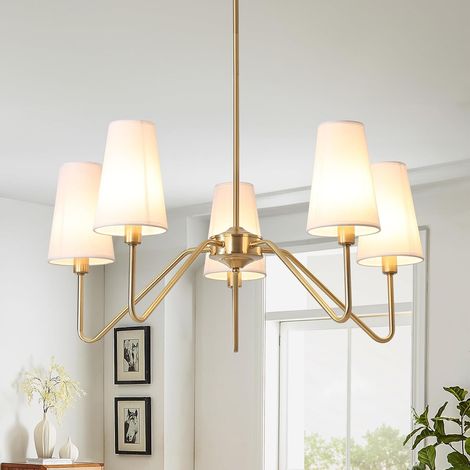 Gold Chandelier Living Room Modern, 5-Light Pendant Light 76 cm E14 Lamp with White Linen Shade for Kitchen Bedroom Hanging Living Room Ceiling Hallway 200 W (1/5)