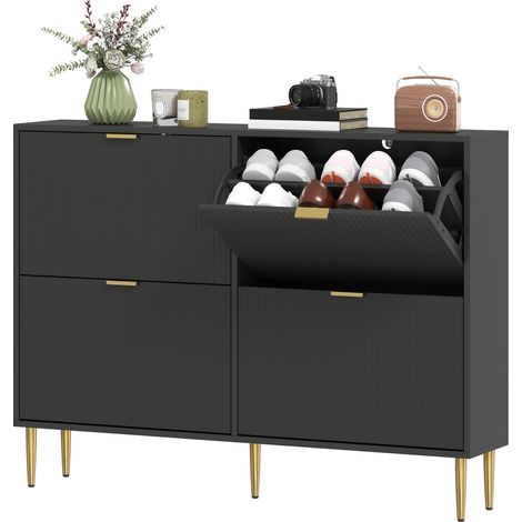 Meuble chaussures 20 paires, 4 tiroirs pivotants, portes striées, étagères ajustables, 105x24x91,5 cm, noir (1/5)