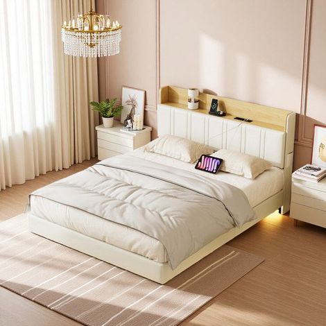 Lit Double Suspendu 160x200cm - Cuir Blanc et Bois Clair - LED RGB - Rangement Intégré - 2 Places
