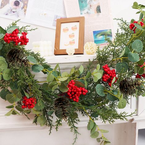 Guirlande En Rotin - Fruits Rouges Et Fleurs Artificielles - Décoration De Porte Pour Noël - 180 Cm - Vert (1/5)